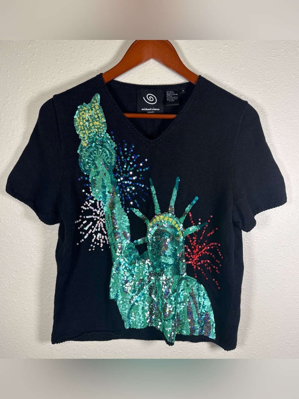 Michael Simon Event Black Sequin Statue of Liberty Sweater 4th of July Size M